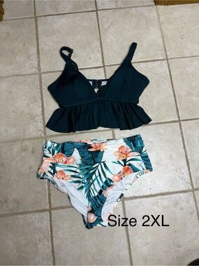 Cupshe Teal Ruffle Tankini Top with Tropical Floral High-Waist Bottoms